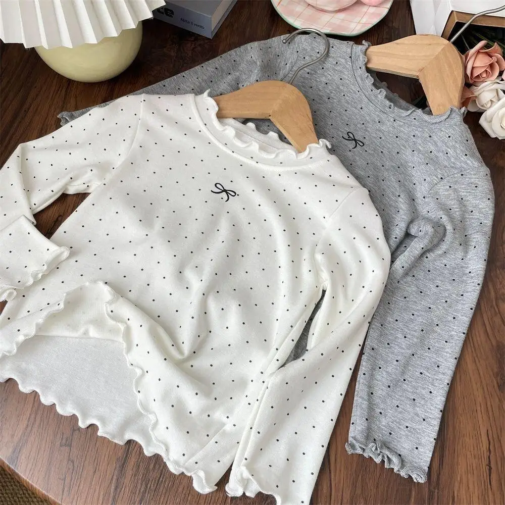 New Girls' Long-Sleeved T-Shirts Spring Autumn Children Polka Dot Bottoming Shirts Cute Sweet Lace Fashion Korean Versatile Tops