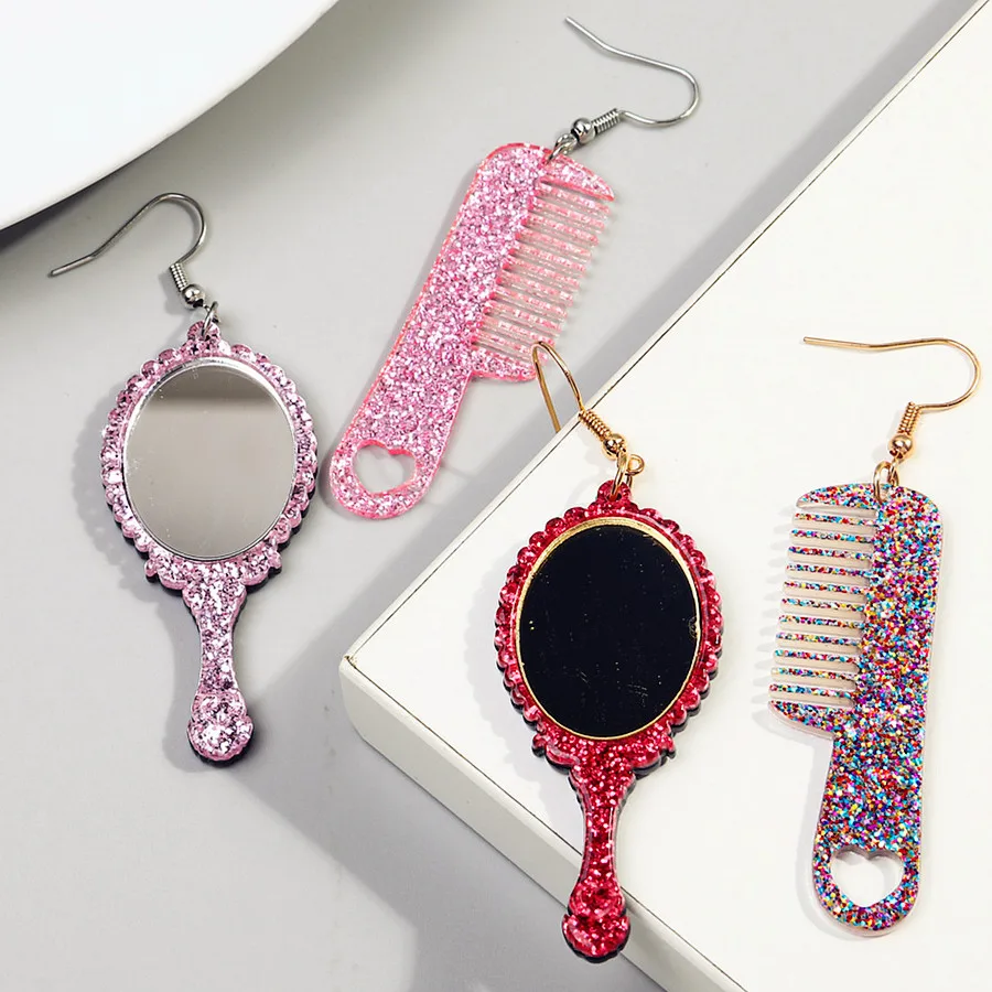 New Glitter Magic Mirror Comb Acrylic Drop Earrings for Women Funny Mini Makeup Mirror Asymmetric Statement Earring Y2K Jewelry