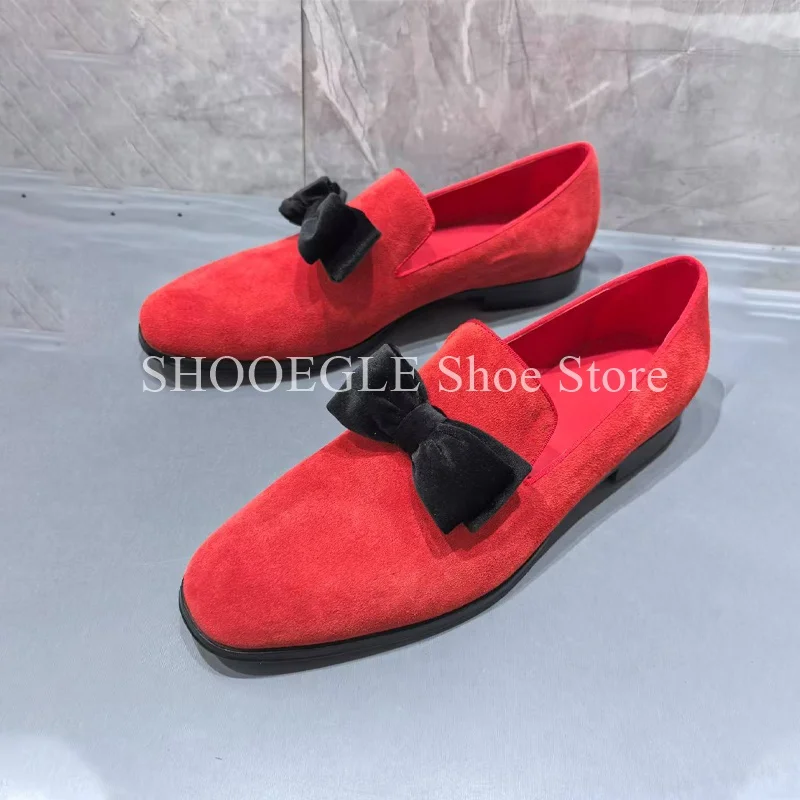 

Black Bow Red Suede Shoes for Men Loafers Comfort Formal Flat Small Square Toe 2025 Spring Wedding Business Office Shoes
