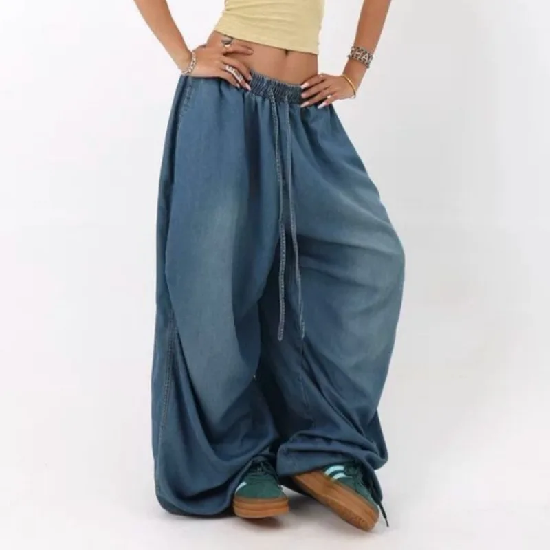 Hksh primavera outono novas mulheres jeans baggy cordão cintura elástica angustiado lavado denim versátil retro chique calças hk14499