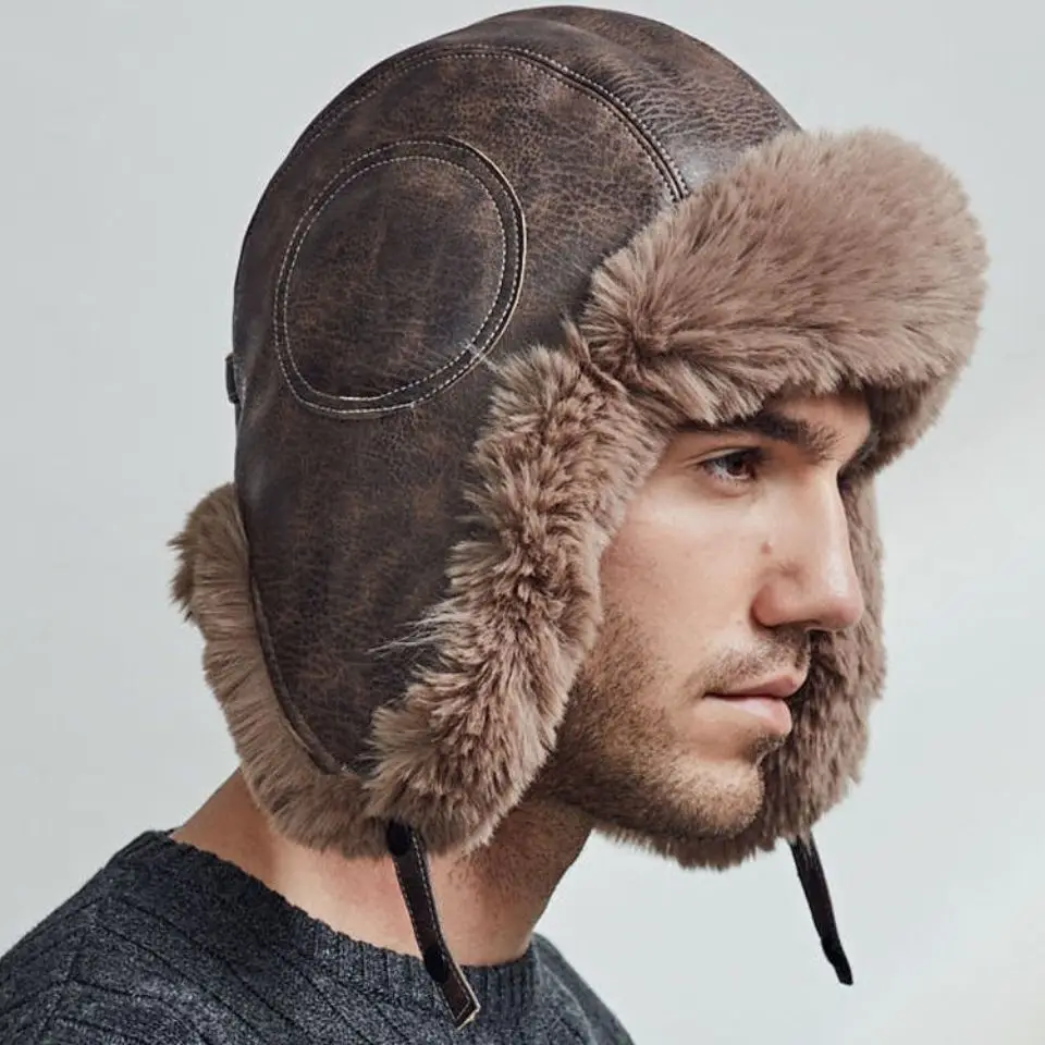 Bomber Leather Hat Pilot Cap Men Winter Fur Hat Thickened Cold Protective Ears Outdoor Cycling Fishing Skiing New