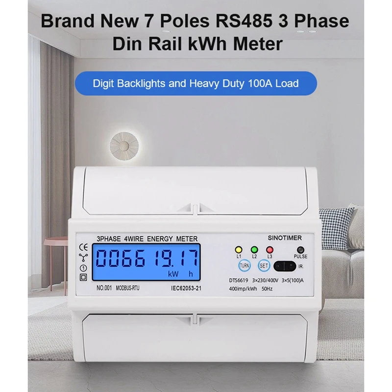 1 Piece Din Rail Electric Three Phase Energy Meter RS485 Kwh Consumption Power Voltage Current Wattmeter Monitor Modbus (B)