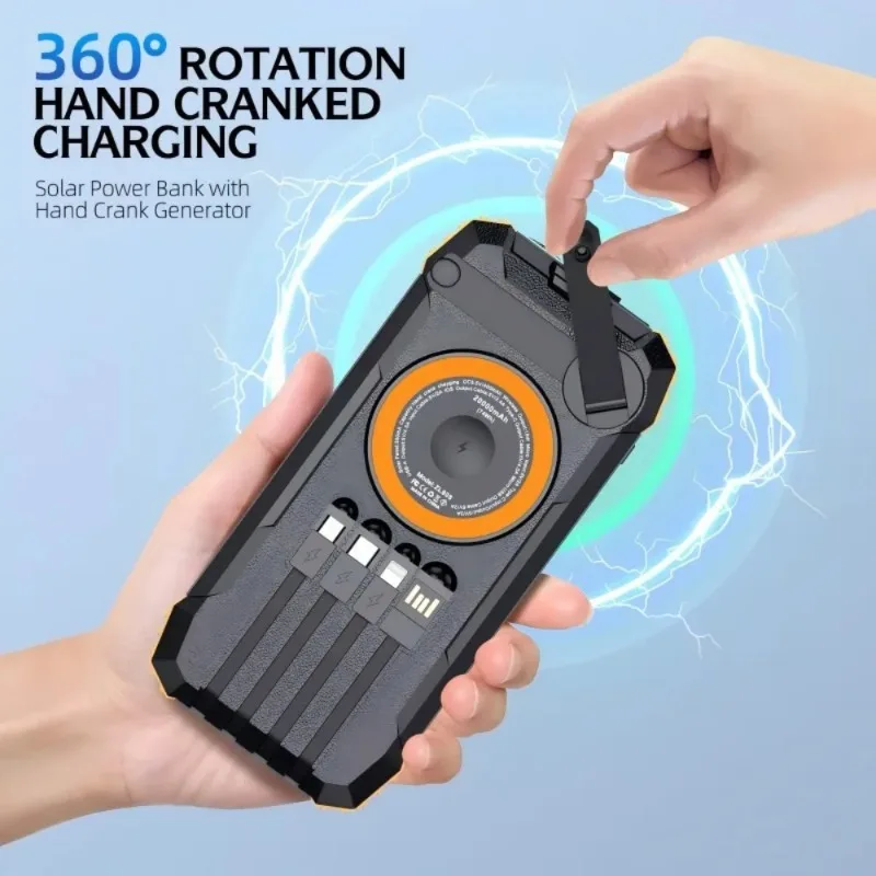 50000mAh Solar Power Bank for Portable Outdoor Emergency Charger with 4 Built-in Cables Dual LED Flashlight Hand Crank Generator