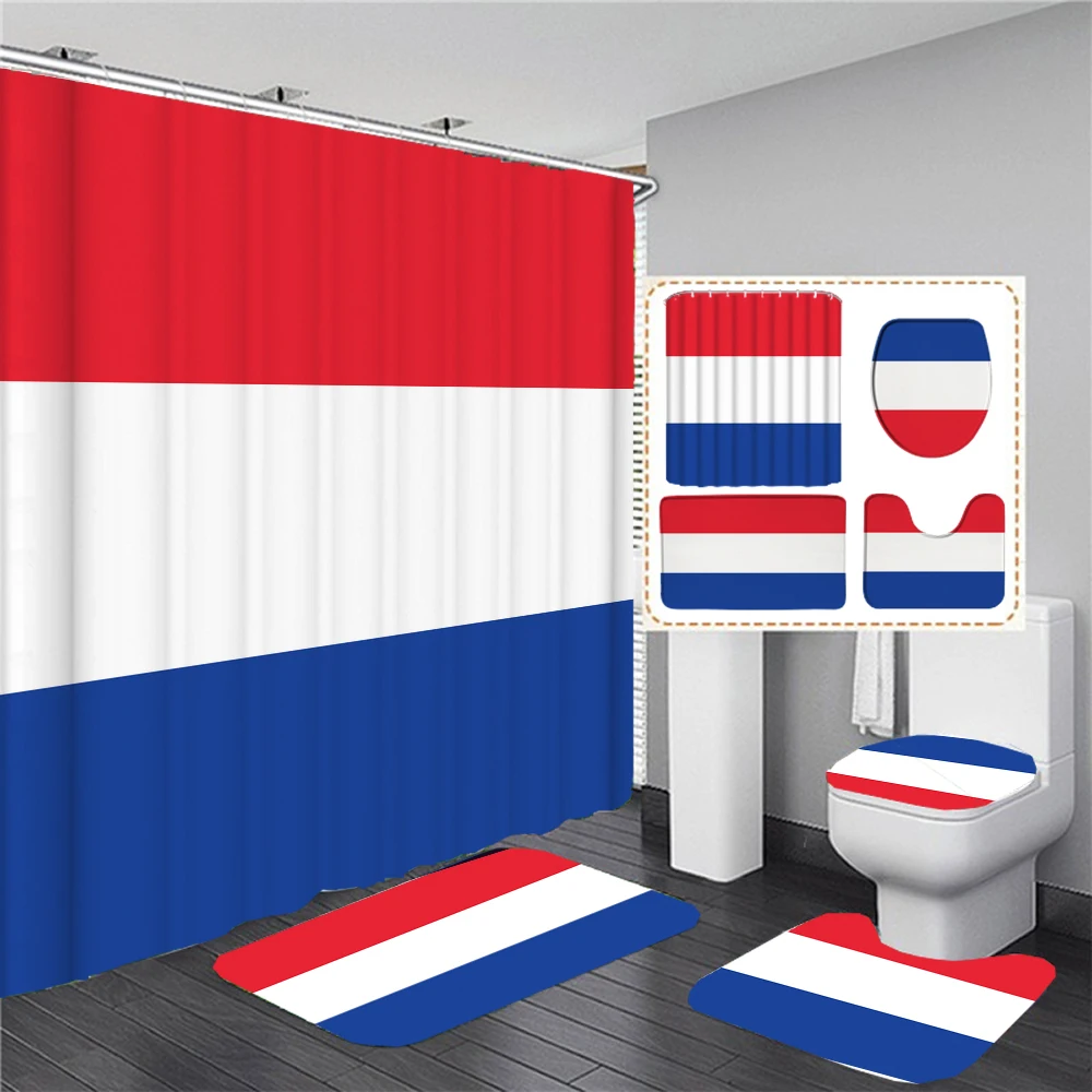 Dutch Flag Shower Curtains Netherlands Flag Print Polyester Bathroom Curtain Sets Rug Lid Toilet Cover Non-Slip Bath Mat Carpet