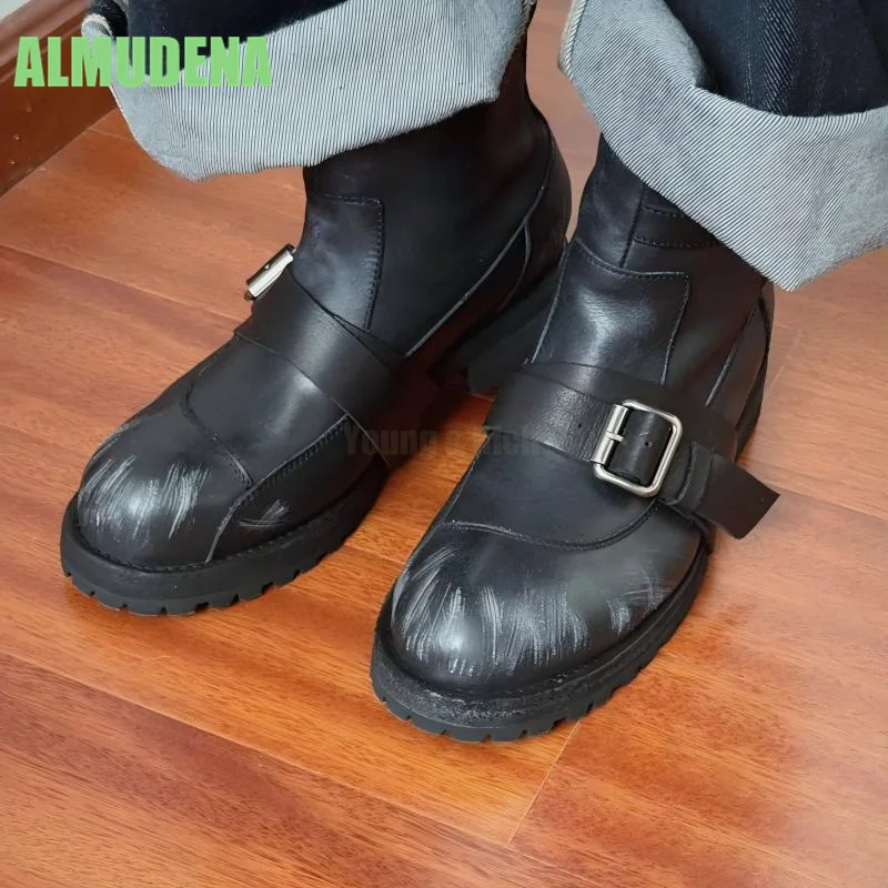 

Модные ботинки с круглым носком и пряжкой, винтажные, из мягкой кожи, в минималистичном стиле, черные, на толстом каблуке, универсальные, короткие.