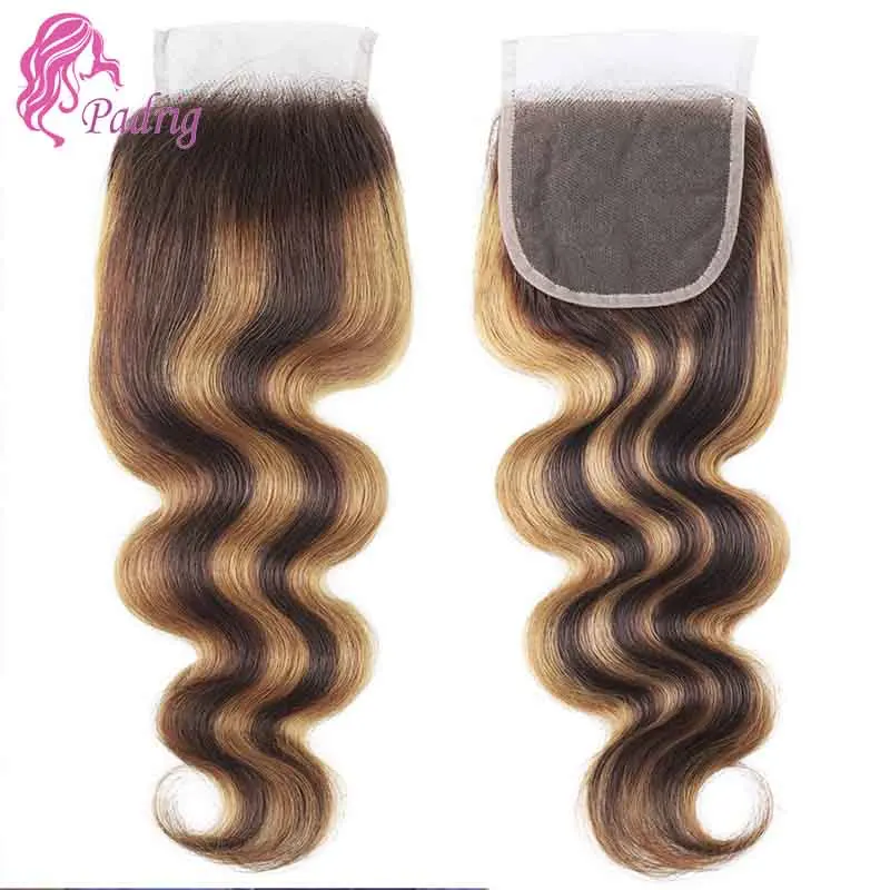 Highlight 4x4 Lace Closure Human Hair Pre-Plucked 4/27 Closure Cheap Body Wave Brown To Honey Blonde Two Tone Closure Remy