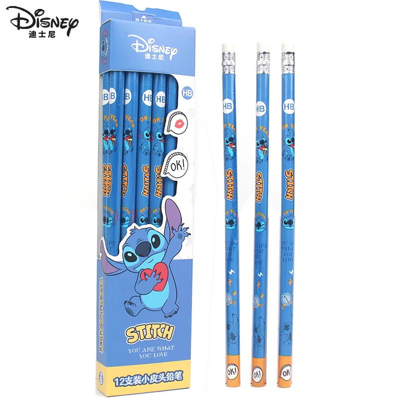 Perlengkapan sekolah anak-anak, krayon kartun Anime Disney Stitch pensil dengan karet rautan pensil kayu Hb hadiah ulang tahun