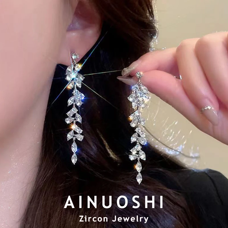 AINUOSHI Maple Leaf Zircon Tassel Long Earrings For Women 925 Sterling Silver Shiny Rhinestone Drop Earrings Party Jewelry Gift