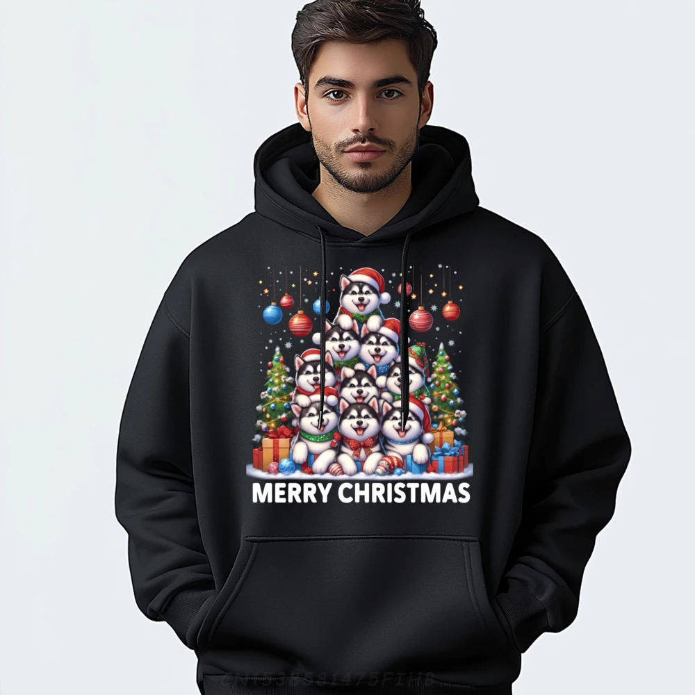 

Merry Christmas Husky Dog Matching Street Wear Hoodie Camiseta England Style Men's Winter Clothes