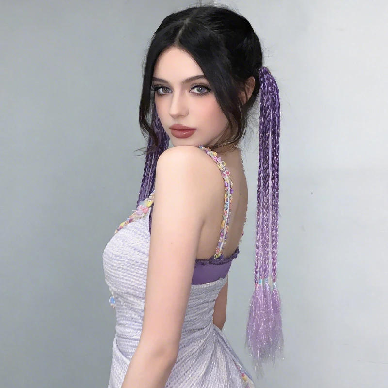 Set of 2 Synthetic Fiber Hair Extensions with Gold Thread Braided Ombre Twist Double Pigtails, Vibrant Purple Gradient, Easy-to-