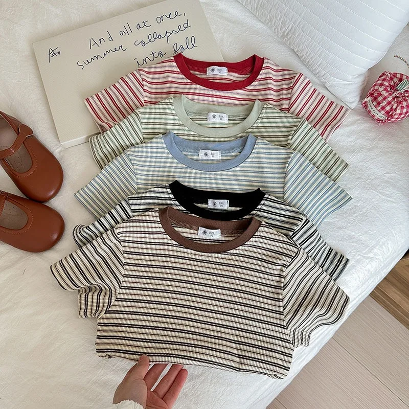 Mädchen-T-Shirt aus Baumwolle im Vintage-Stil mit Rundhalsausschnitt, gestreift, schmale Passform, süß, dehnbar, für Kinder, lässig, süß, All-Match-Tops für den Alltag
