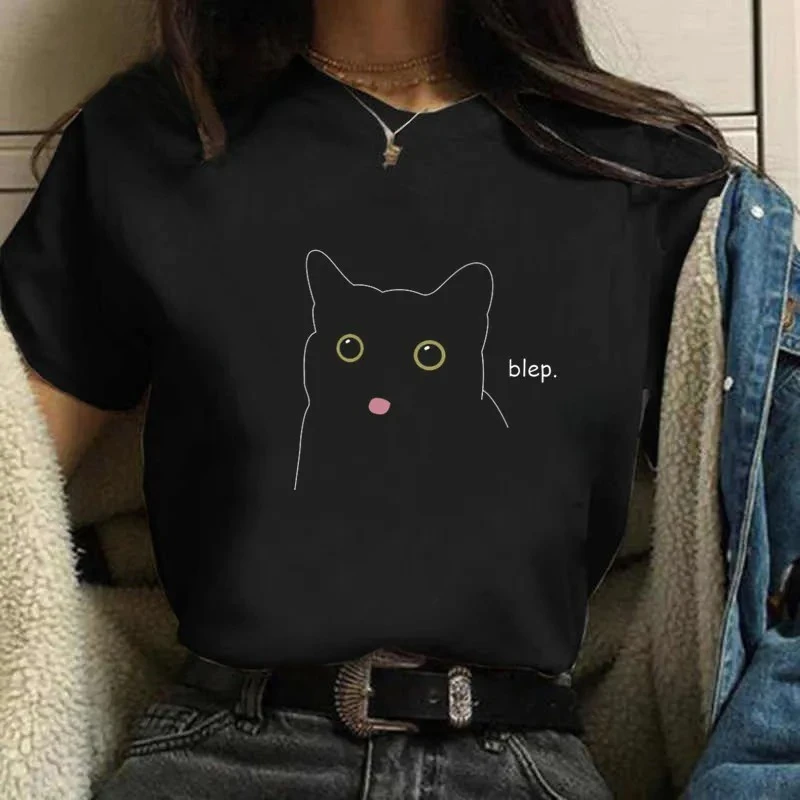 Beautiful Cat T-shirt for Women Black Cat Print T-shirt Harajuku T-shirt for Women Casual Fun Cartoon Tops for Women Graphic Y2K