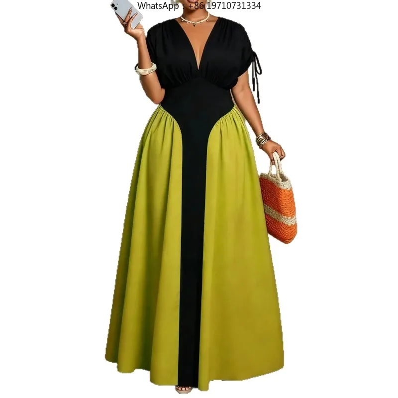 Summer New plus Size Midi Dress V-Neck Pure Color Block Waist Cinched Dress Romantic Style Loose Fit High Waist Polyester Fiber