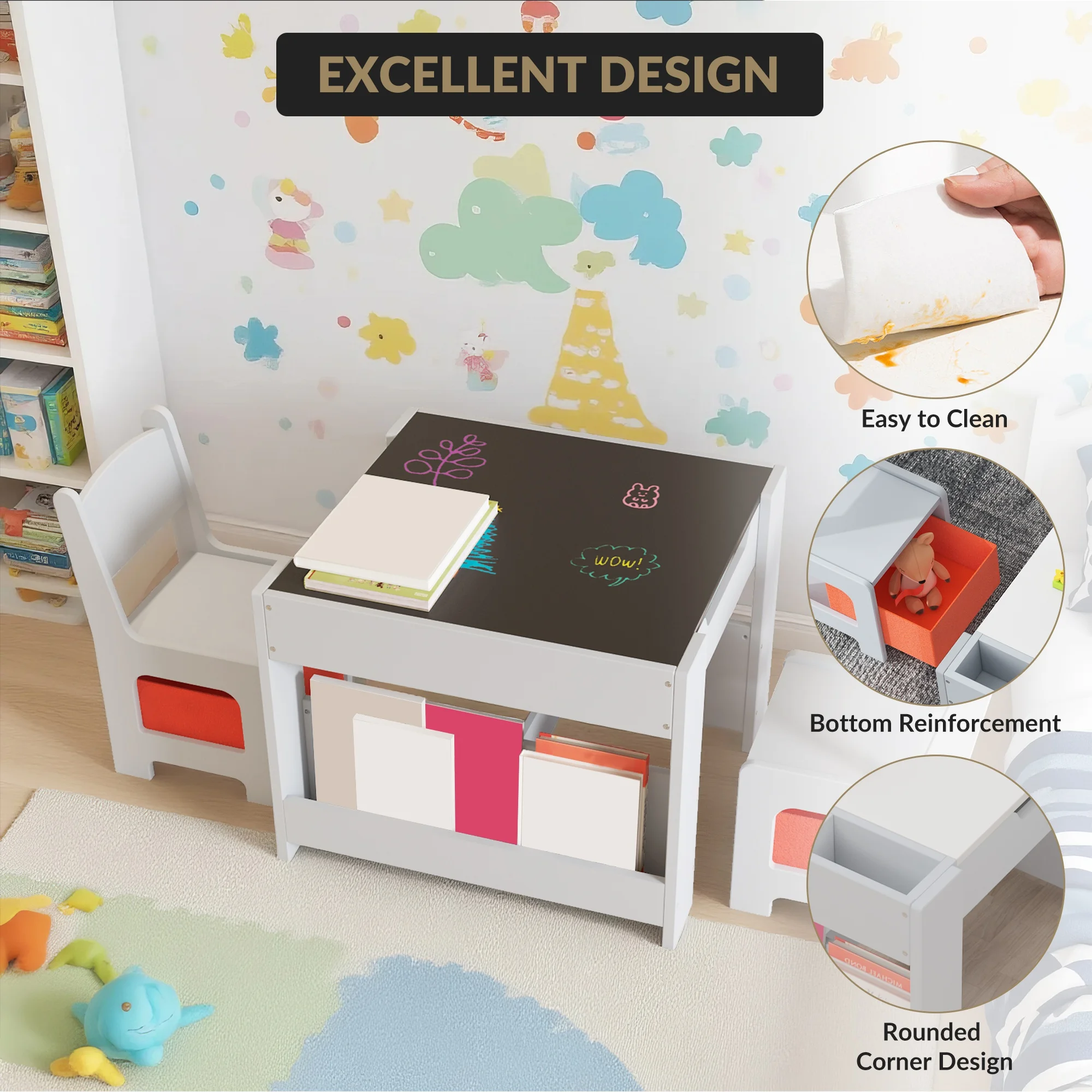 4-in-1 Multi-Functional Wooden Kids Table and Chair Set – Reversible Erasable Top, Storage Drawers, Bookshelves – Toddler Activity Desk for Reading, Drawing, Craft, Playroom – Easy to Clean