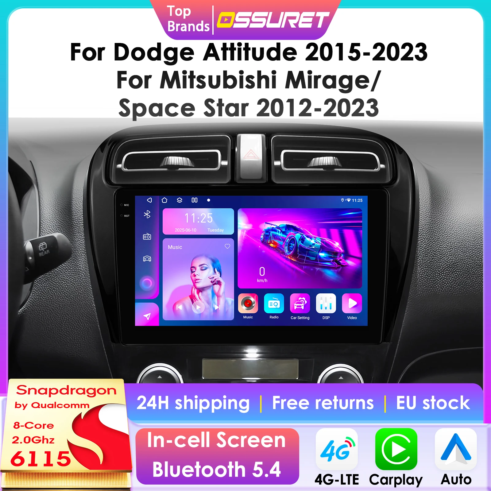 CarPlay Android Auto autoradio voor Mitsubishi Mirage Attrage Space Star Dodge Attitude 2012-2023 GPS intelligente systemen 4G DSP - afbeelding 2