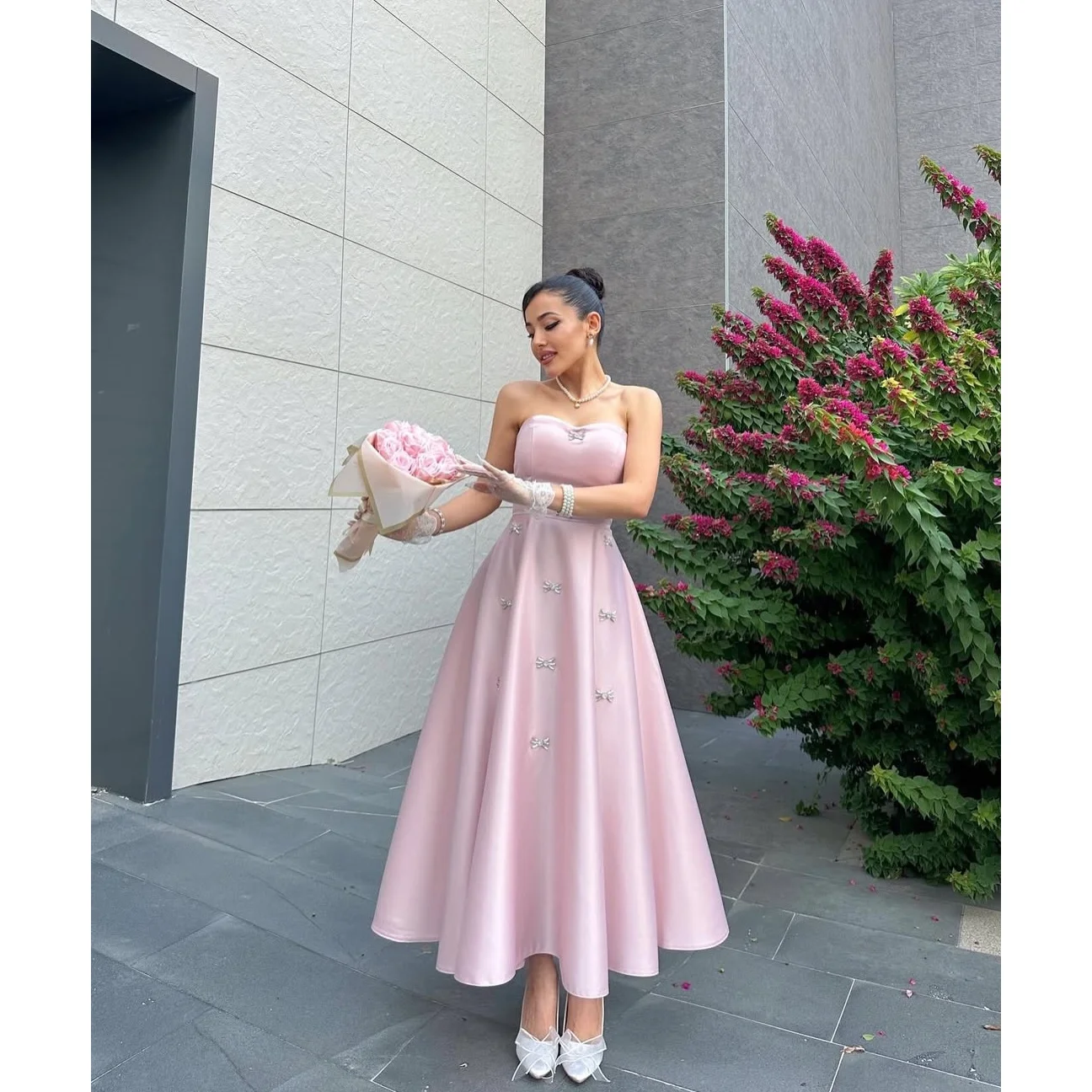 

EDECPBM Satin Strapless Pink A-Line Evening Dress 2026 Prom Dress Quinceanera Women's Customized vestidos de fiesta elegantes
