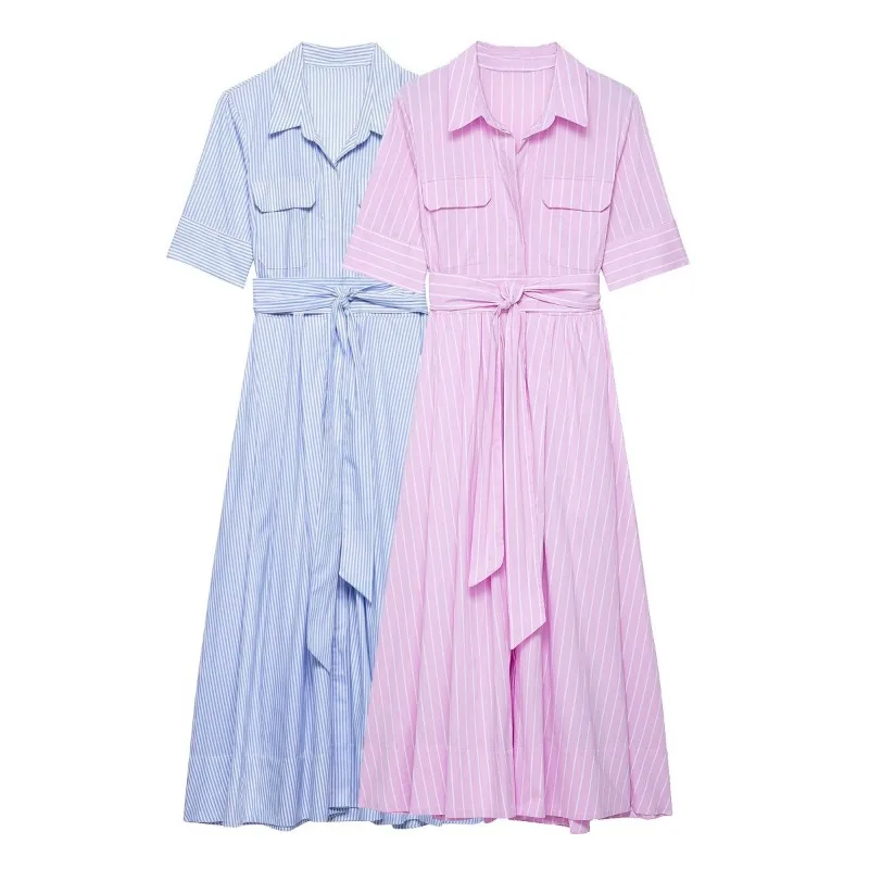 2025 여름 신상 여성 패션 팝린 셔츠 스타일 벨트 롱 원피스, 여성용 패션 반팔 캐주얼 드레스