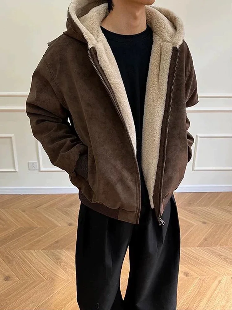 

Retro American PU Leather Fur Jaet Men's Winter Thiened Warm Hooded Cotton Coat Youth Casual Long Sve Cleanfit