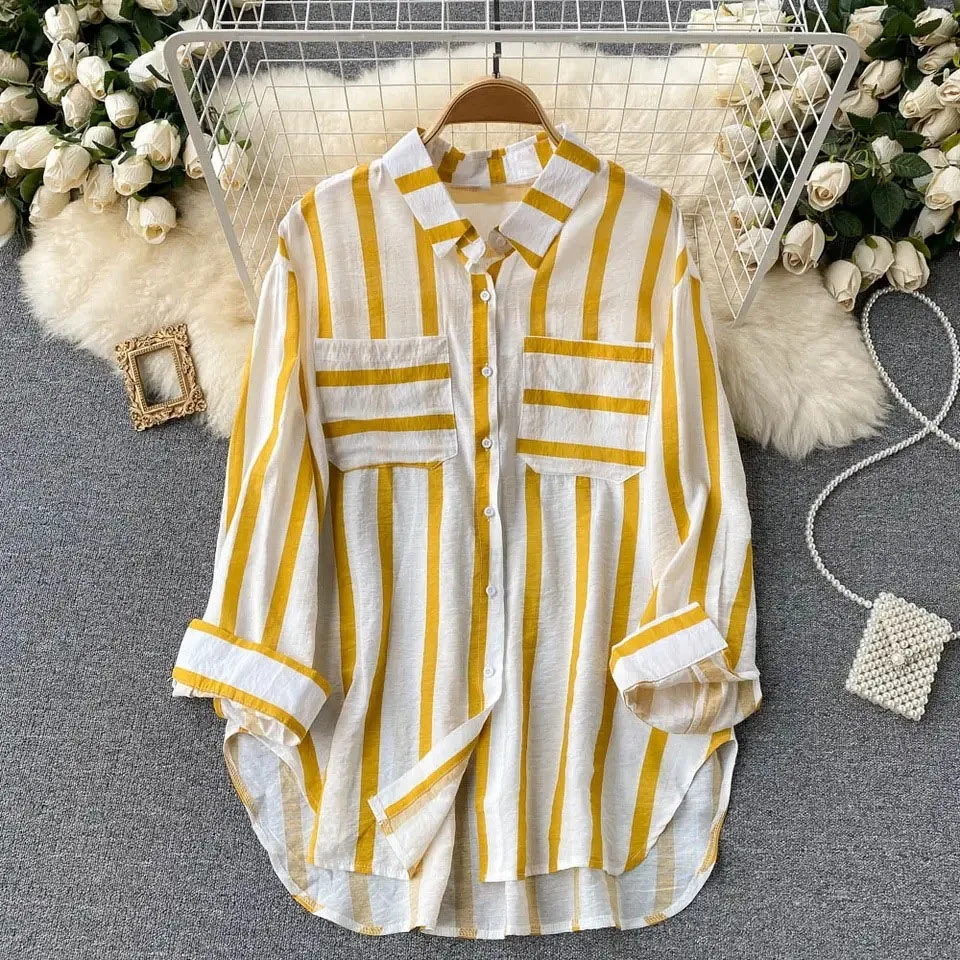 เสื้อเชิ้ตผู้หญิงแขนยาวลายทางพิมพ์ลายปกติดกระดุมทรงหลวมสไตล์ลำลองสำหรับฤดูใบไม้ร่วงปี 2025 เสื้อเชิ้ตแฟชั่นผู้หญิงแบบกระดุมแถวเดียวสไตล์ออฟฟิศสำหรับเดินทางไปทำงาน