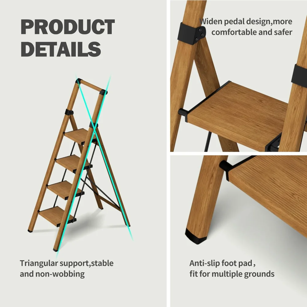 4 Step Ladder,Lightweight Folding Step Stool with Anti-Slip Aluminum Wide Pedal&Convenient Handgrip,330lbs Capacity Steel Ladder
