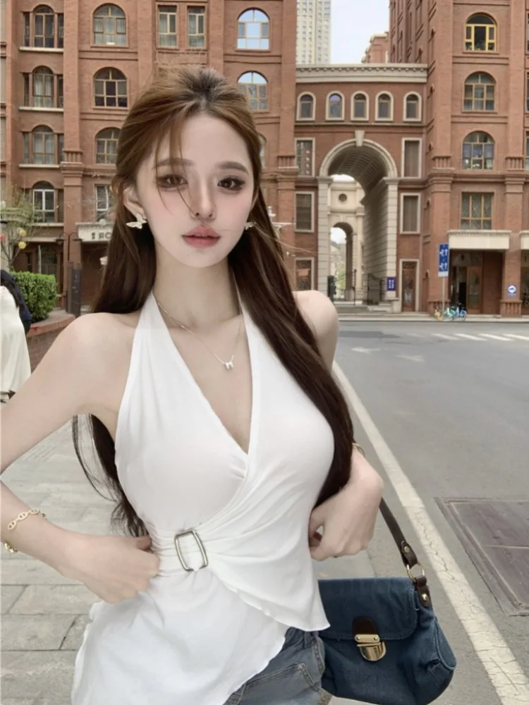 

Street Style Low V-Neck Hanging Neck Top Women's Summer Sexy Strapless Sleeveless Base Tank Top Fashionable Camisole Vest