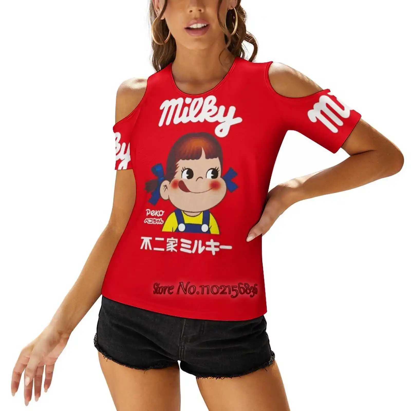 Milky Peko - Chan Woman Tshirts Printed Tops O-Neck Back Lacing Top Fashion Graphic T Shirt Cute Milky Fujiya Peko Japan