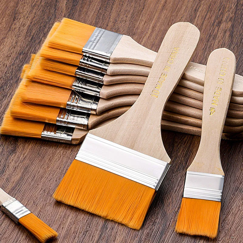 1pc Wooden Handle Paint Brushes Nylon Hair Oil Watercolor Painting Brush Flat Art Drawing Supplies