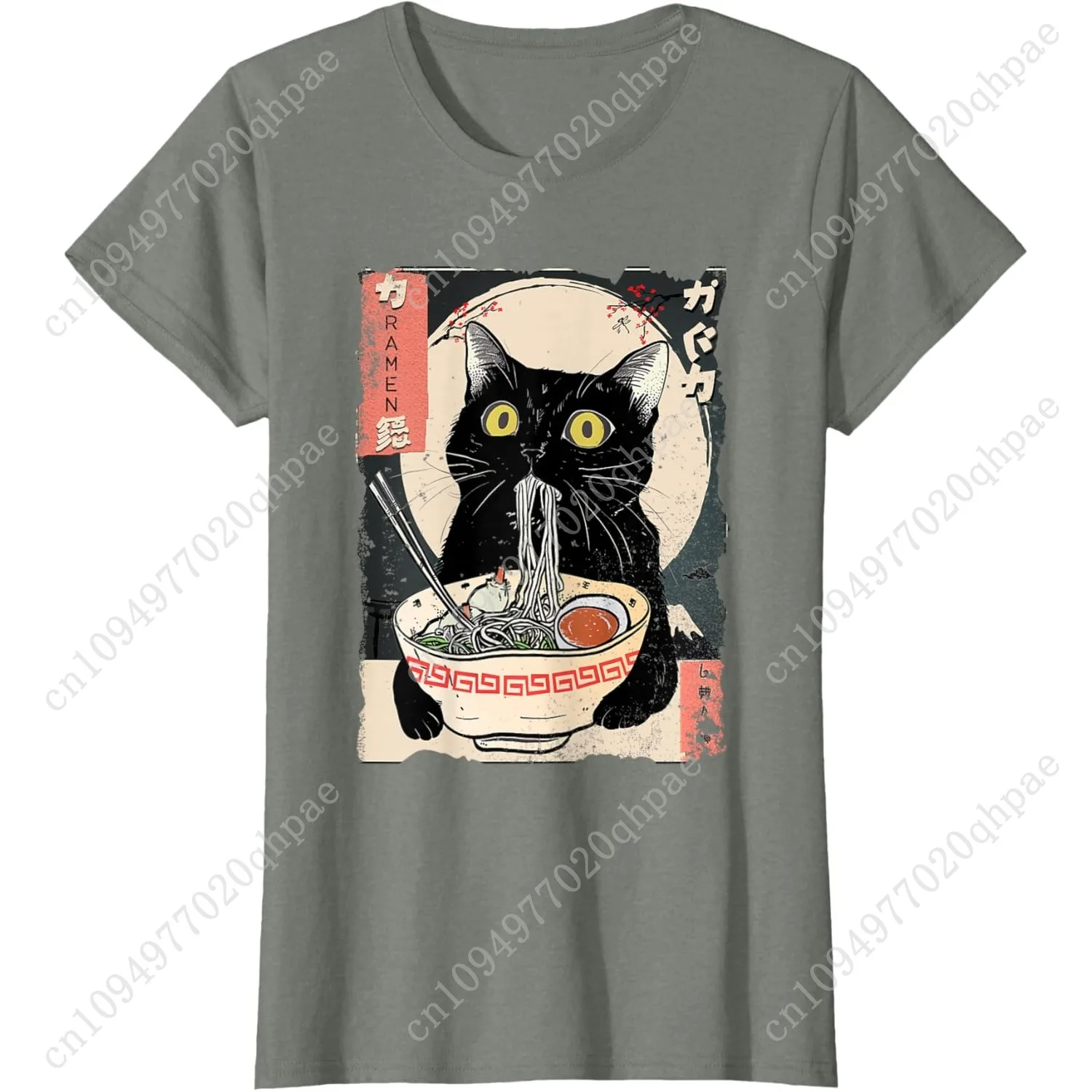 Kawaii القط الأكل رامين الشعرية مضحك أنيمي هدية الفتيات المراهقين تي شيرت