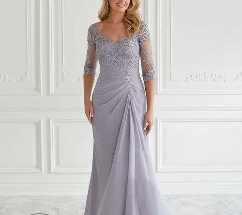 Robe en mousseline de soie champagne personnalisée, corsage en dentelle, manches trois quarts, perles, mère de la mariée, événements de mariage formels