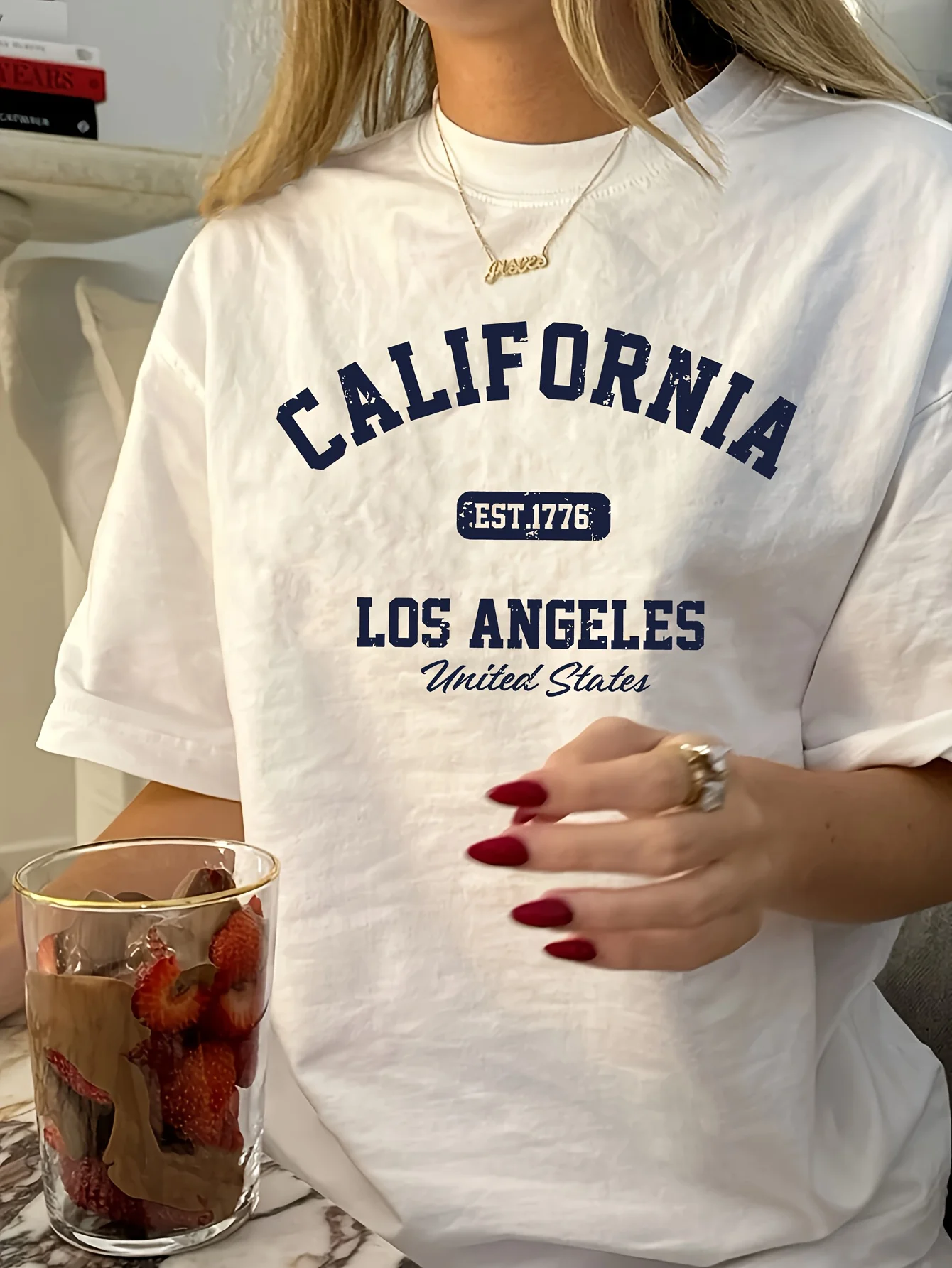 Camiseta gráfica vintage California Los Angeles para mujer, cuello redondo informal, manga corta, poliéster, estampado EST 1776