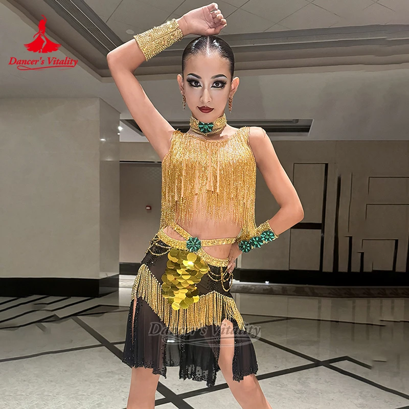 Female Latin Dance Bead Tube Tassels Contest Dress Customize Adult Chacha Samba Sequin Decoration Clothing Dancer's Vitality