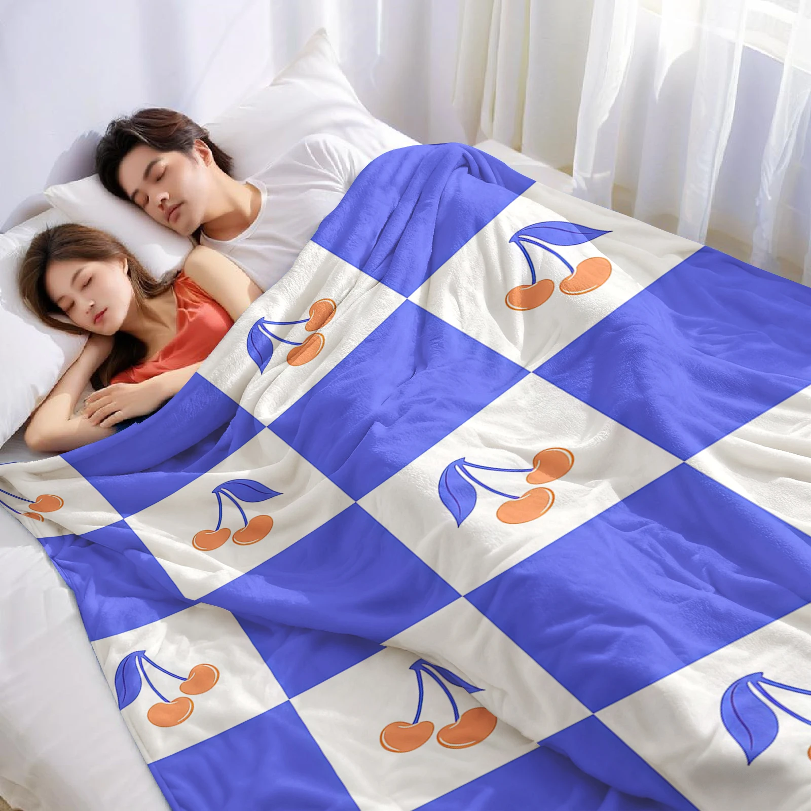 Blue Check Cherry Cartoon Anime Print Flannel Blanket Soft Warm Throw for Kids Bedroom Sofa Bed Christmas Office Car