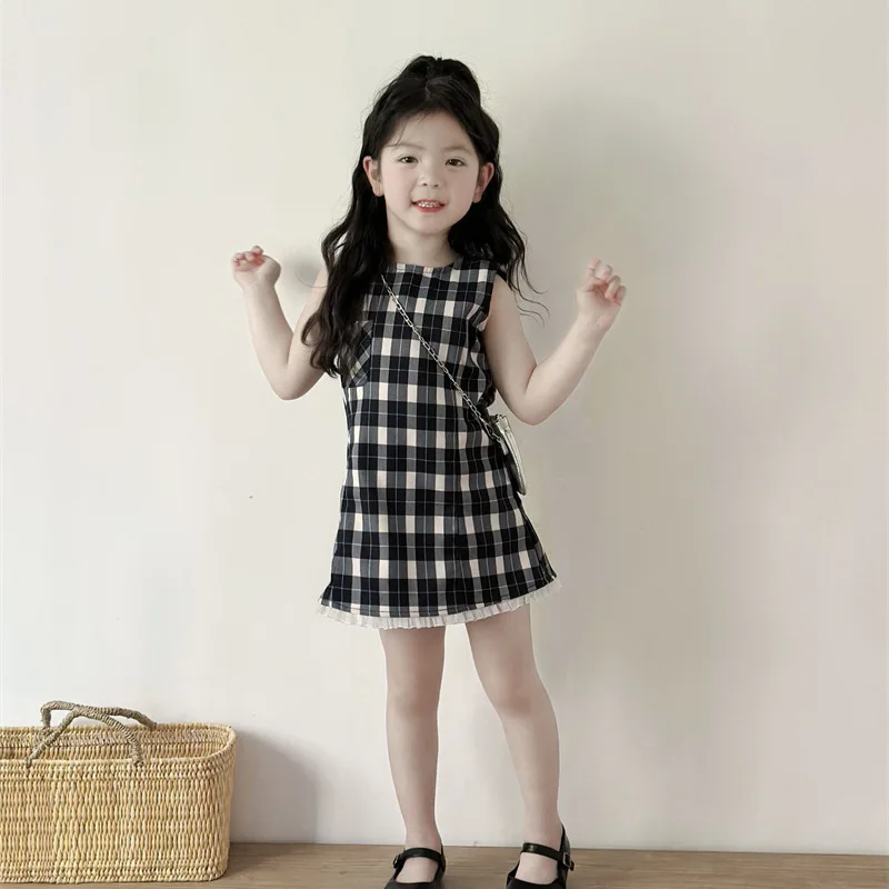 

Children's Clothing Girls 2025 New Summer Dress Baby Lace Plaid Skirt Children's Foreign Style Princess Dress
