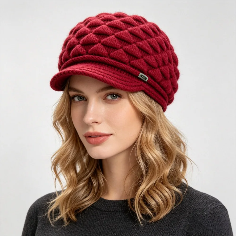 Diamond Pattern Women's Winter Visor Beanie Extended Sides Soft Lined Newsboy Knit Cap Warm Loose Fit Ear Cover Hat Commuting