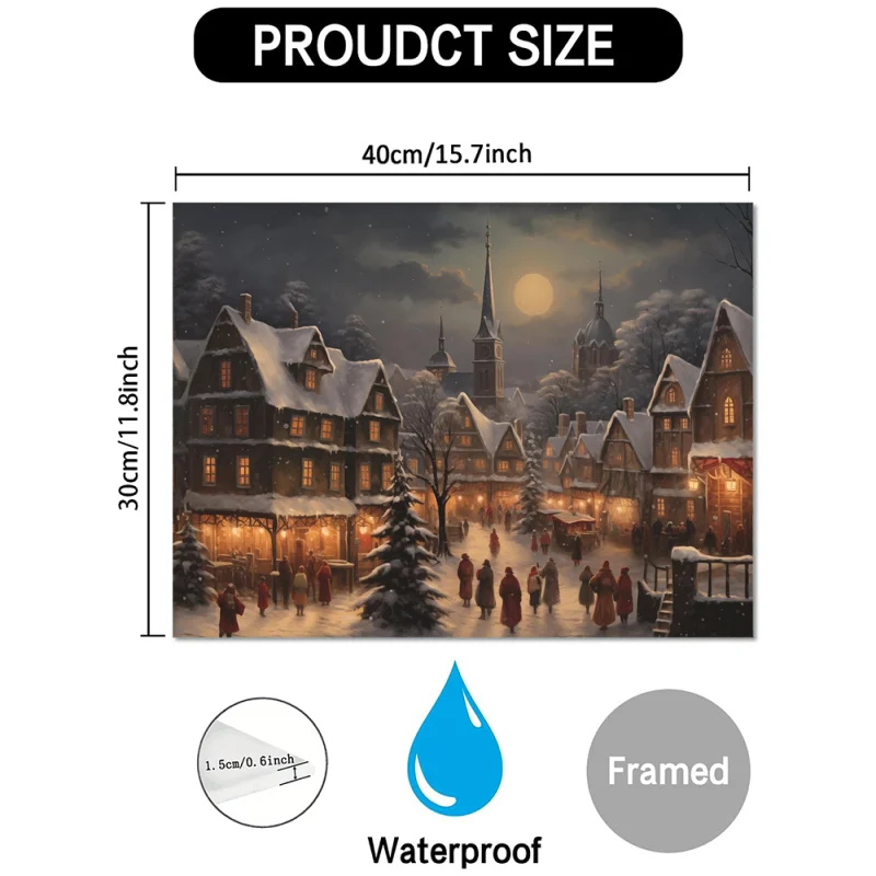 1PC Christmas Wall Art Wooden Frame Canvas Painting Winter Wonderland Landscape for Home Office Graduation Holiday Decoration