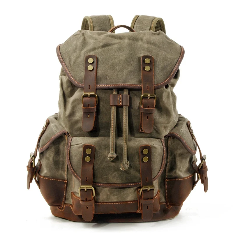 Nesitu Coffee Khaki Black Grey Green A4 Laptop Oil Wax Canvas Genuine Leather Men Women Backpack Hiking Travel Bag Duffel M9508