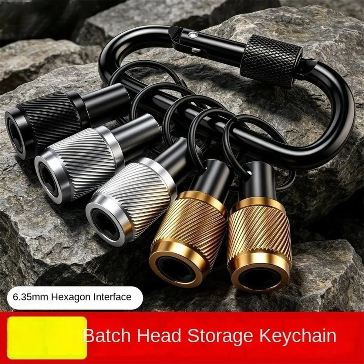 Knurled Aluminum Bit Holder Keychain Fits Standard 1/4 Hex Bits, Quick-Release, Carabiner Keychain Clip