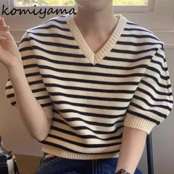 Stripe Sweater Puff Short Sleeve Ropa Mujer V-neck Pullover 2024 Spring Summer New Womens Clothing Korean Chic Knitwears