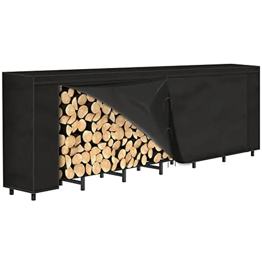 

Firewood Rack Cover 8ft Heavy Duty Steel Weather Resistant Log Stacker Stand Storage Organizer Firewood Holder Black PU Coating