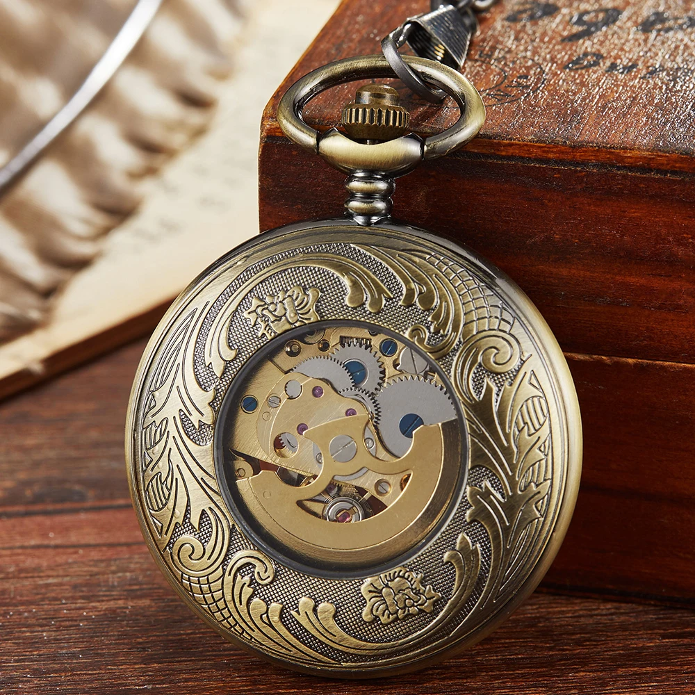 Bronze Roman Numerals MANS Pocket Watch With Chain Men Women Vintage Charm Steampunk Pendant Necklace Hanging Watch Clock