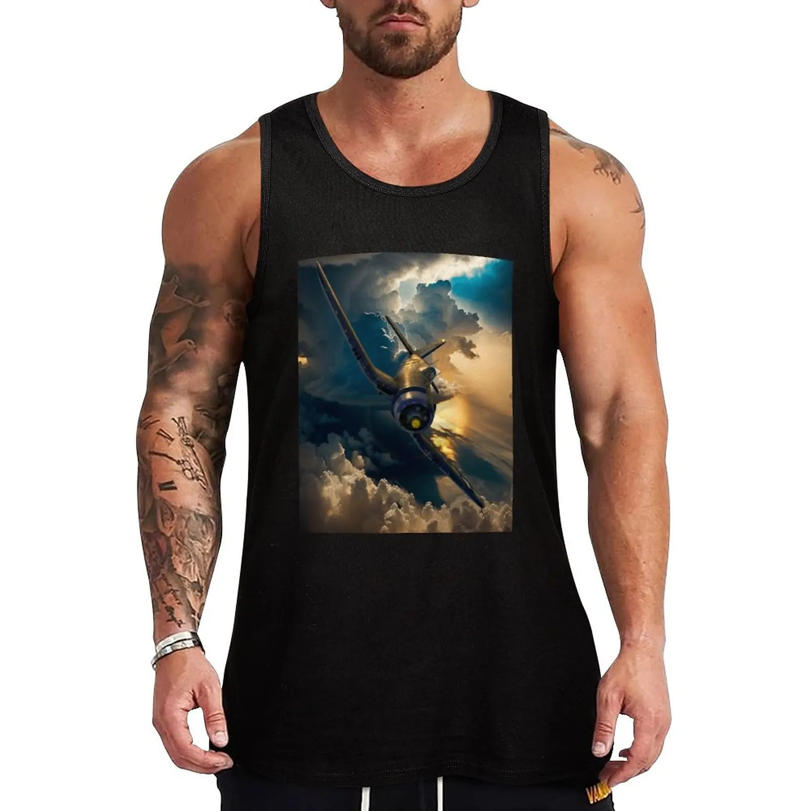 

F4U Corsair in the SunSet Aircraft Art Tank Top bodybuilding man Working vest Men's sleeveless gym shirts