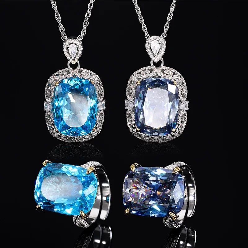 jewelry S925 silver-plated 18K gold bird's nest cut sea blue treasure white-plated blue temperament fat square set main 15 * 20