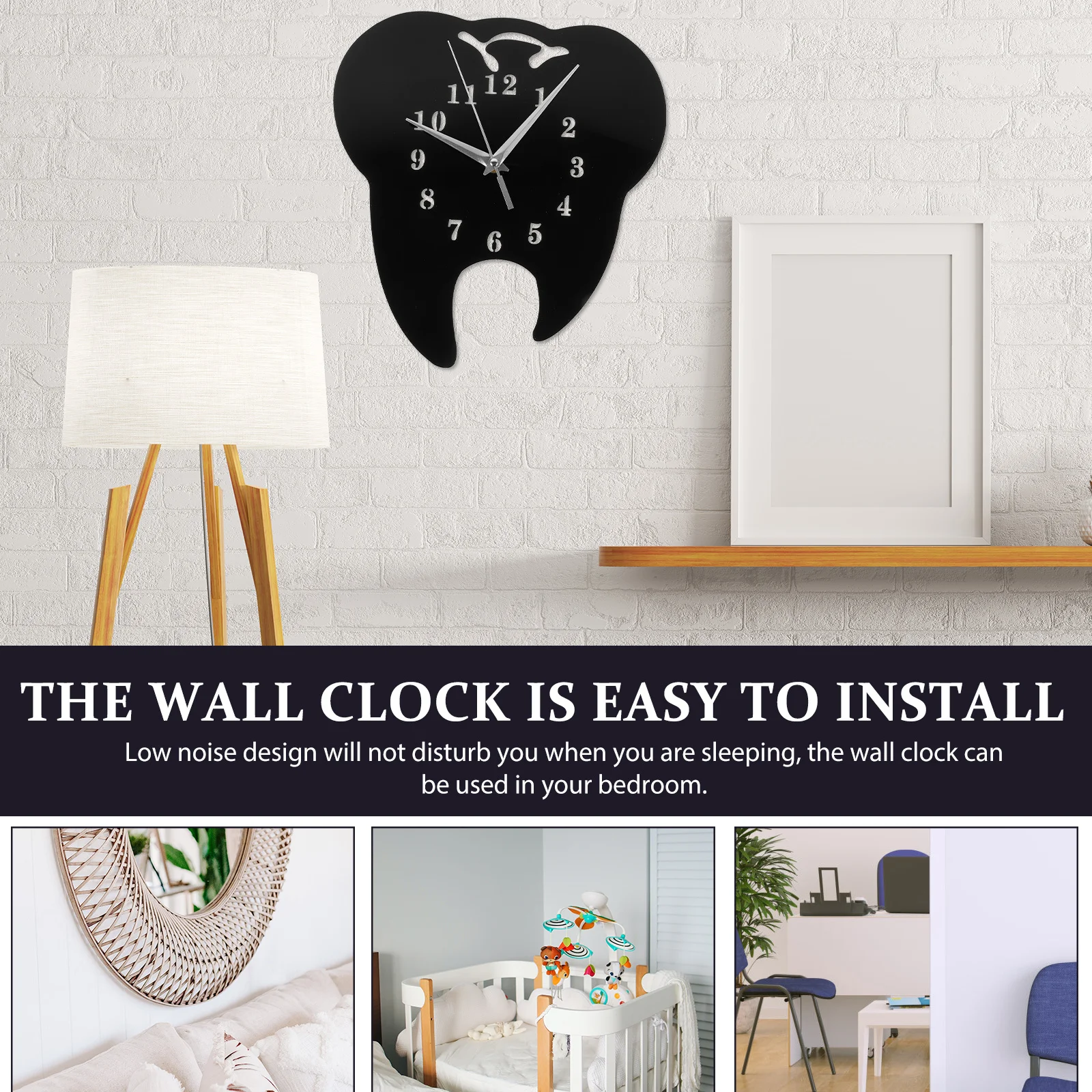 

Acrylic Mirror Wall Clock Tooth Shape Silent Non Ticking Hanging Clock for Home Unique Wall Clocks