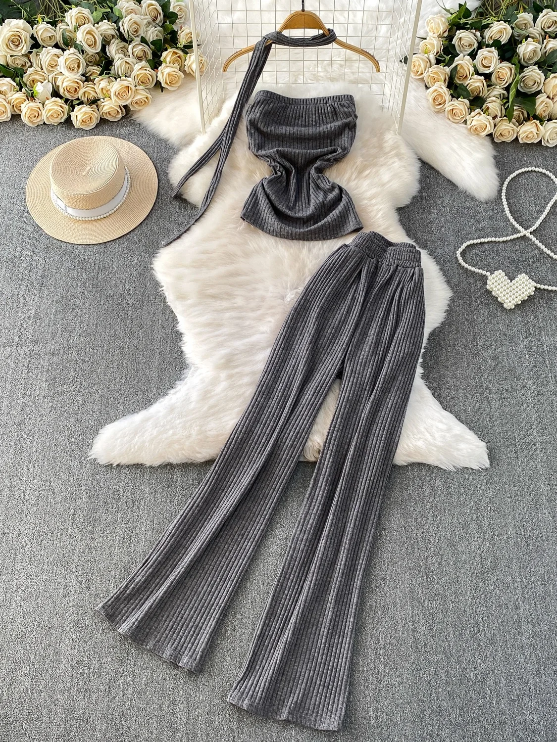 

Сексуальный ор Трикотажный топ и широкие брюки с высокой талией Комплект из двух предметов для женщин Эле Драпированный жилет Высокая талия Широкие брюки...