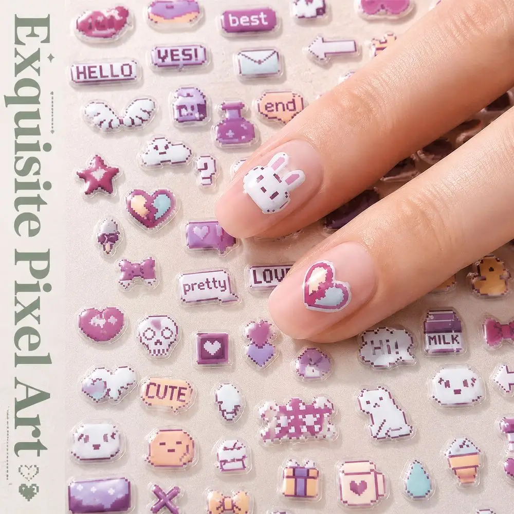 1Pc Y2K Sweet Cool Raised Nail Stickers Pixel Art Cartoon Animal Heart Bow Slider Decals For Beginner Creative Manicure Projects
