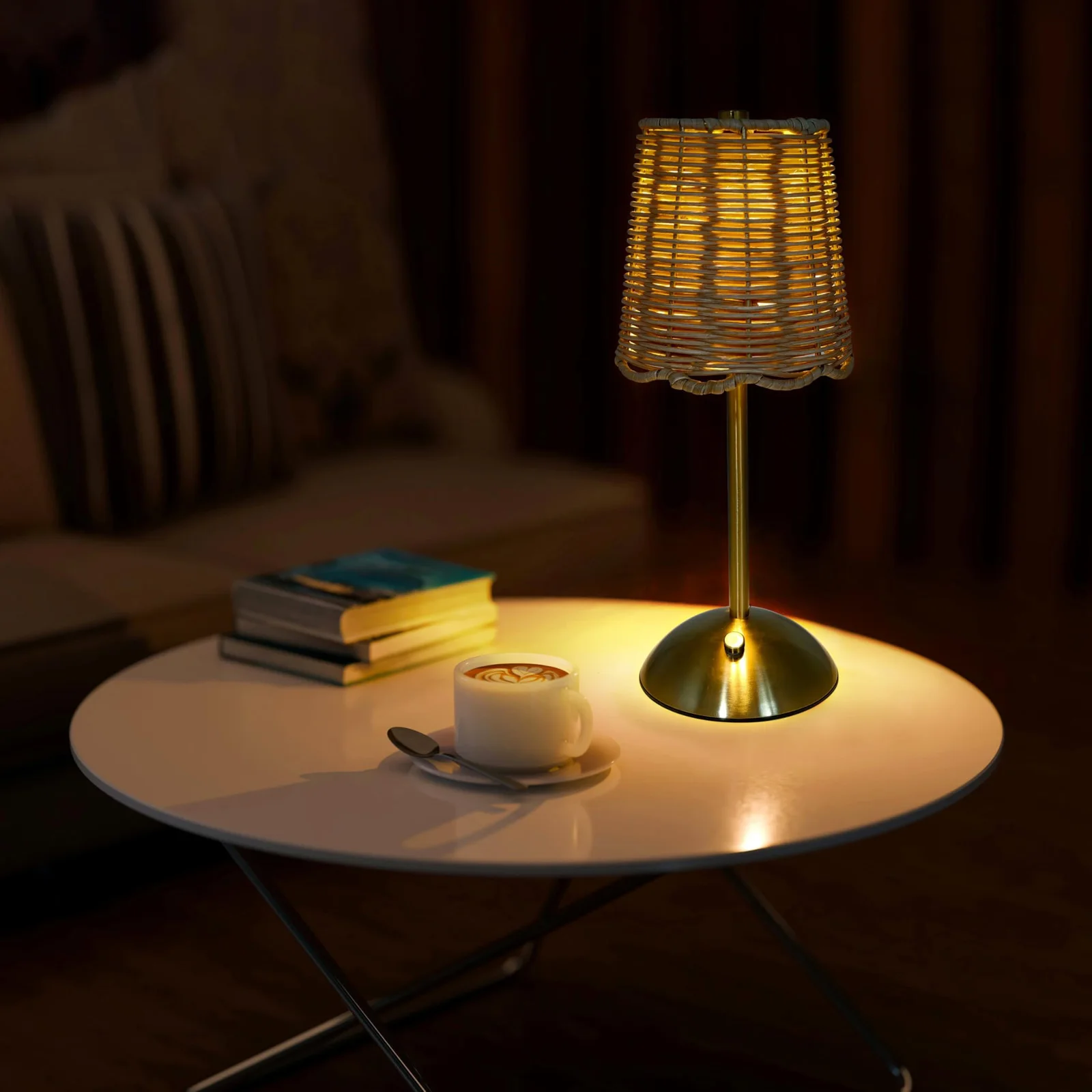 Cordless Rattan Tone Indoor Table Lamp With Dimmer LED Portable Lamp For Home Desktop Decoration Children Book Lights