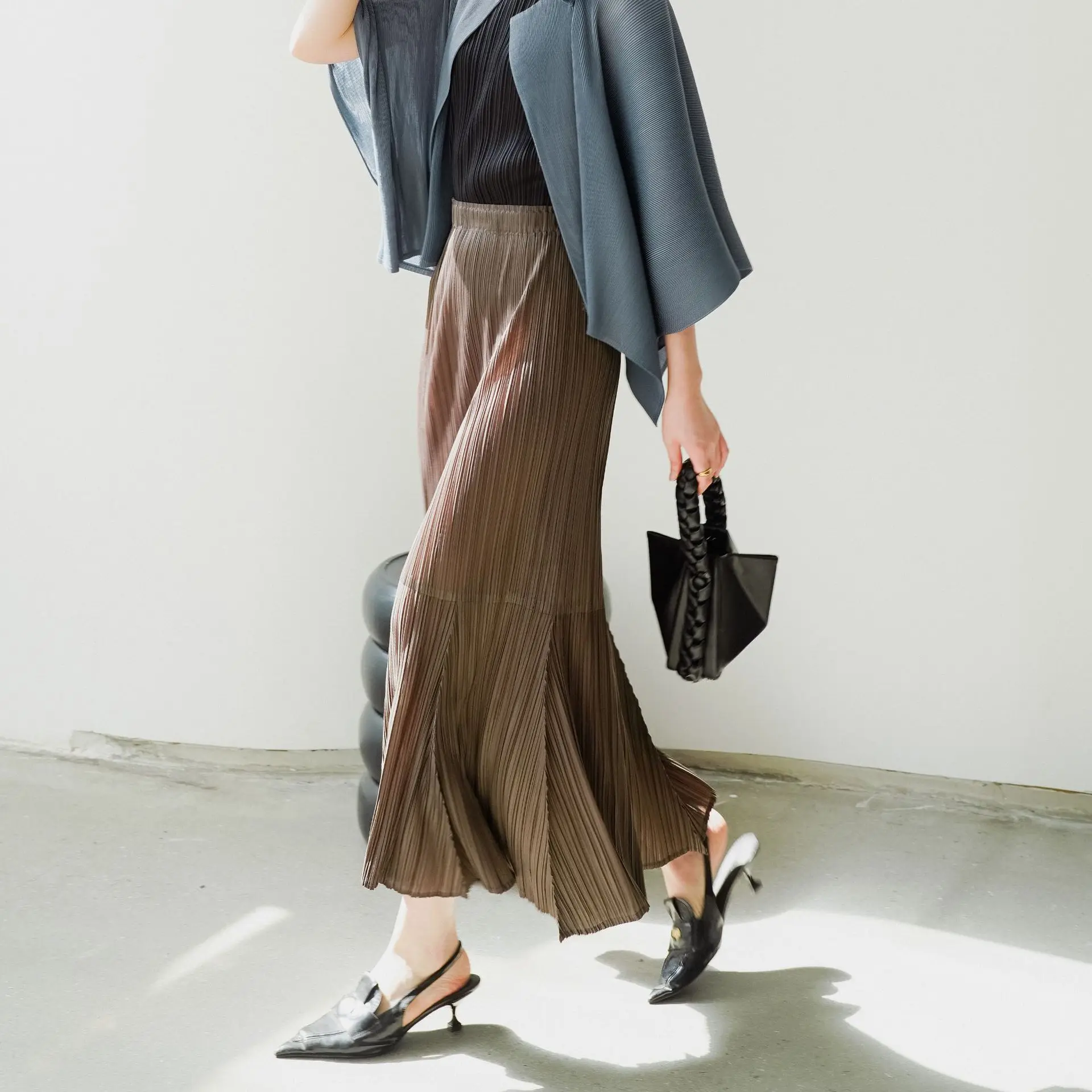 Spódnica Miyake, elegancka, plisowana, codzienna i uniwersalna, o kroju litery A, z zakładkami, spódnica typu rybka, nowy letni styl damski.