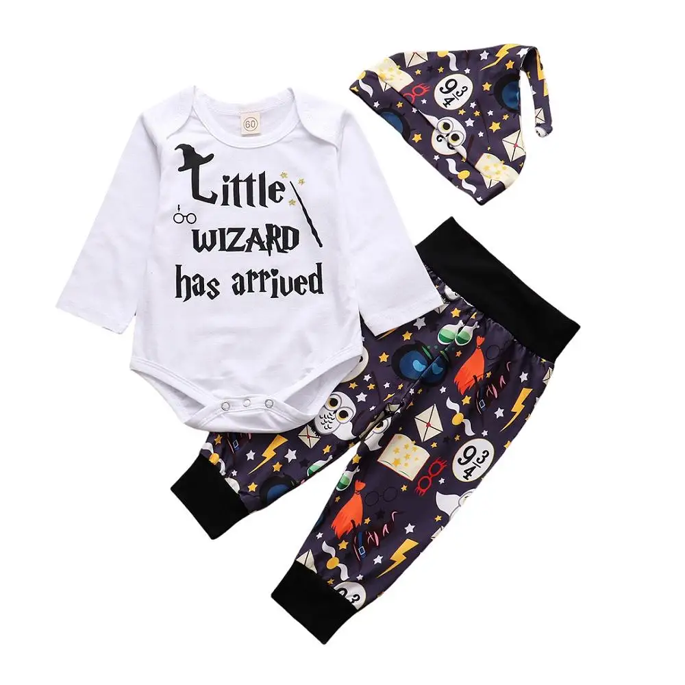 3PCS Newborn Baby Clothes Set 2024 Halloween Little Wizard Letter Printed Romper+Pants+Hat