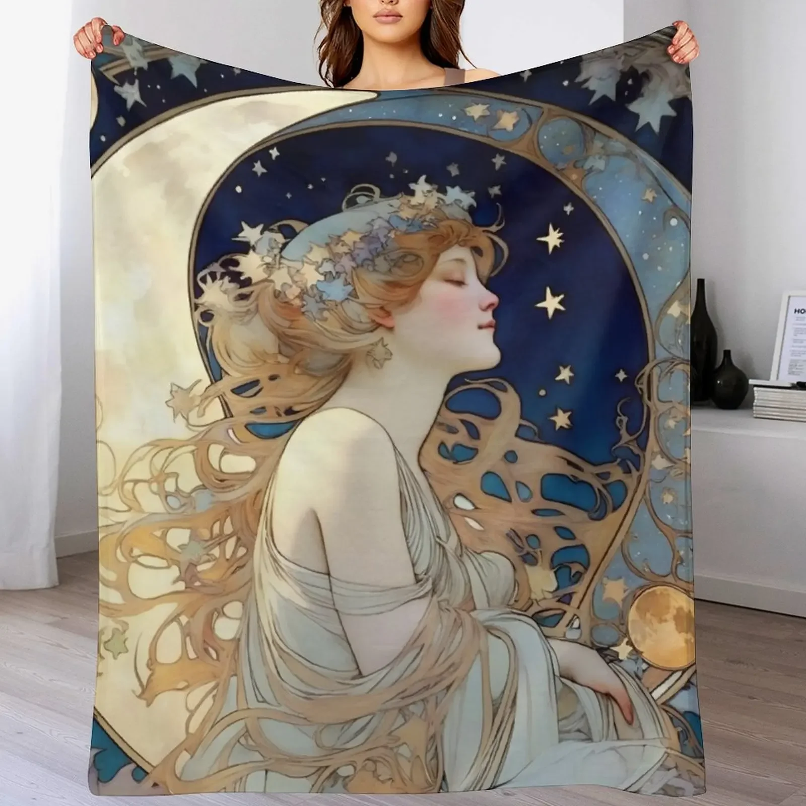 

Celestial Dreams Alphonse Mucha Inspired Moon and Stars Throw Blanket Beautifuls Luxury Throw cosplay anime Plaid Blankets