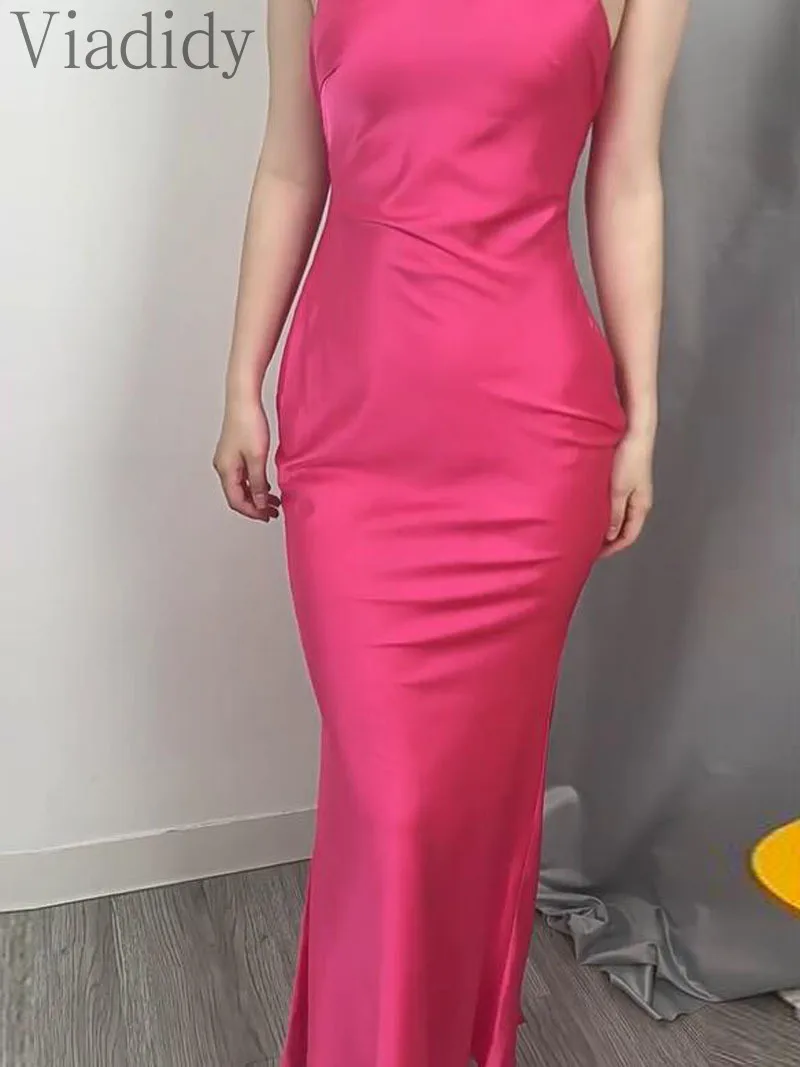 여성용 섹시한 단색 홀터 민소매 밴디지, 레이스업 백리스 할로우 아웃, 인어 새틴 파티 원피스